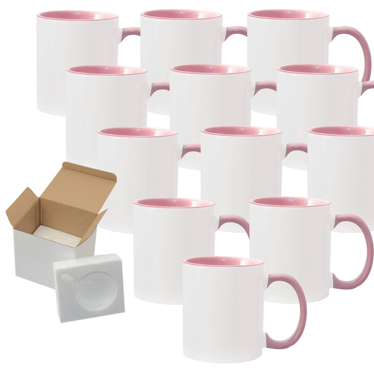 12 Pcs 11OZ Pink Inside & Handle Sublimation Mugs With Foam Support Boxes
